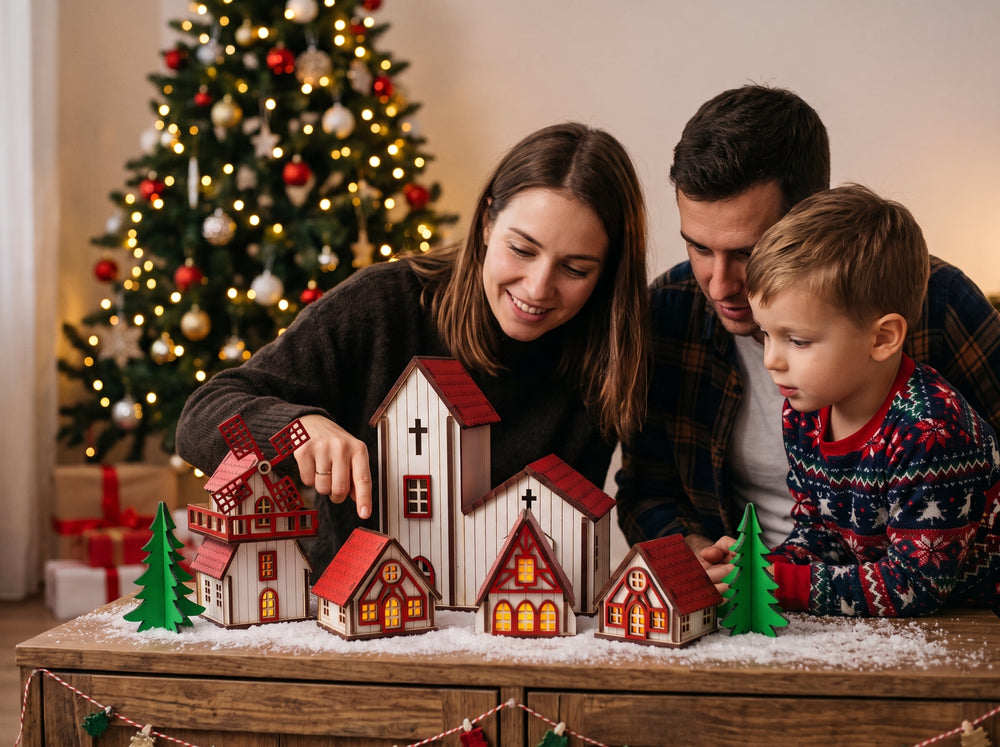Família com duas crianças admirando a Vila Natalina de madeira sobre a mesa, com árvore de Natal ao fundo