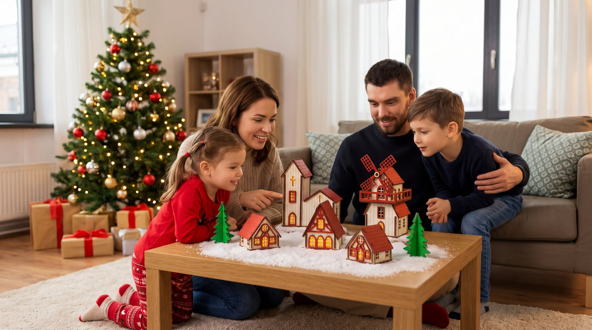 Família na sala de Natal olhando a Vila Natalina de madeira acesa sobre a mesa de centro
