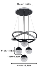 Pendente Lustre LED Círculos de Cristal e 4 Globos Dourados - Iluminação de Luxo para Ambientes Premium