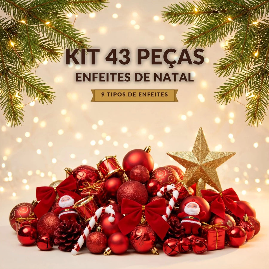Kit 43 peças de enfeites de Natal vermelhos com estrela dourada, 9 tipos de enfeites