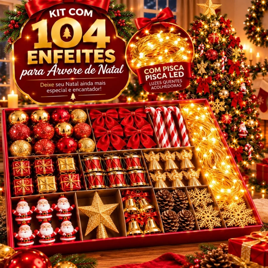 Kit com 104 enfeites para árvore de Natal com pisca LED de luz quente