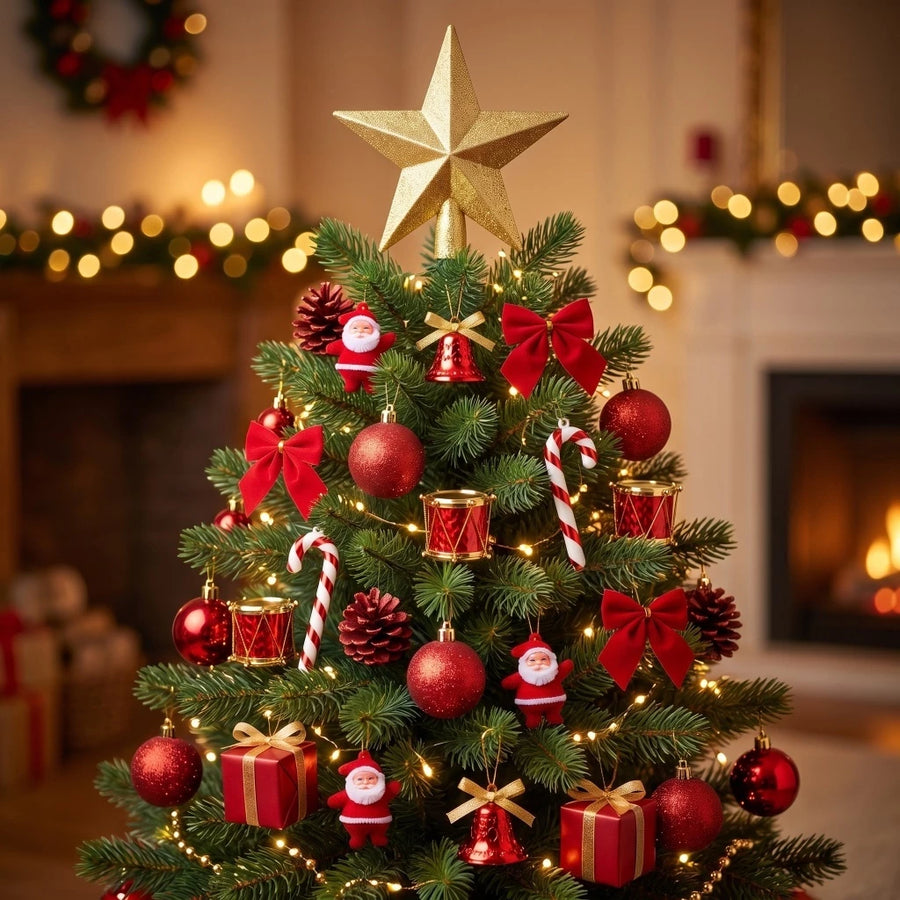 Árvore de Natal com estrela dourada, laços, tambores, bengalas e Papáis Noéis vermelhos