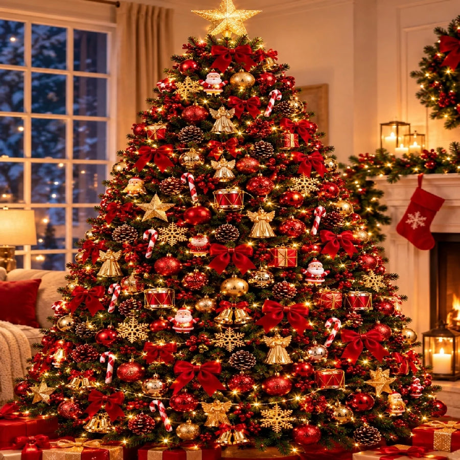 Árvore de Natal decorada com enfeites vermelhos e dourados