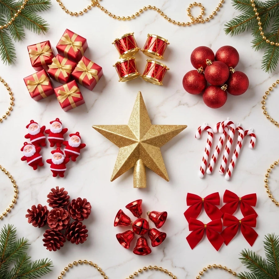 Todas as peças do kit de enfeites de Natal organizadas sobre fundo de mármore