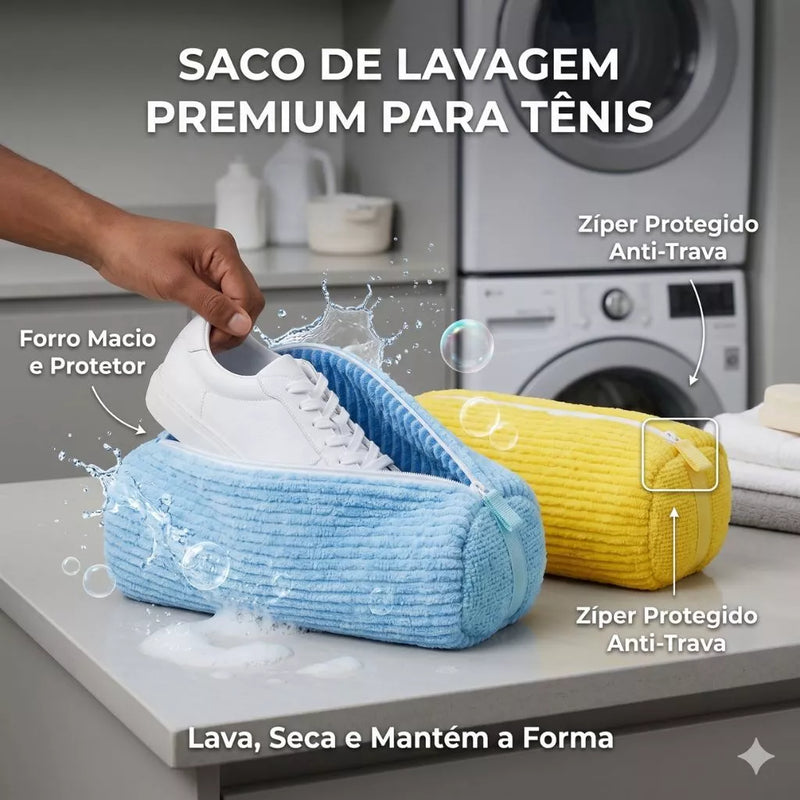 Cocoon Clean nas cores azul e amarela - saco de lavagem premium para tênis